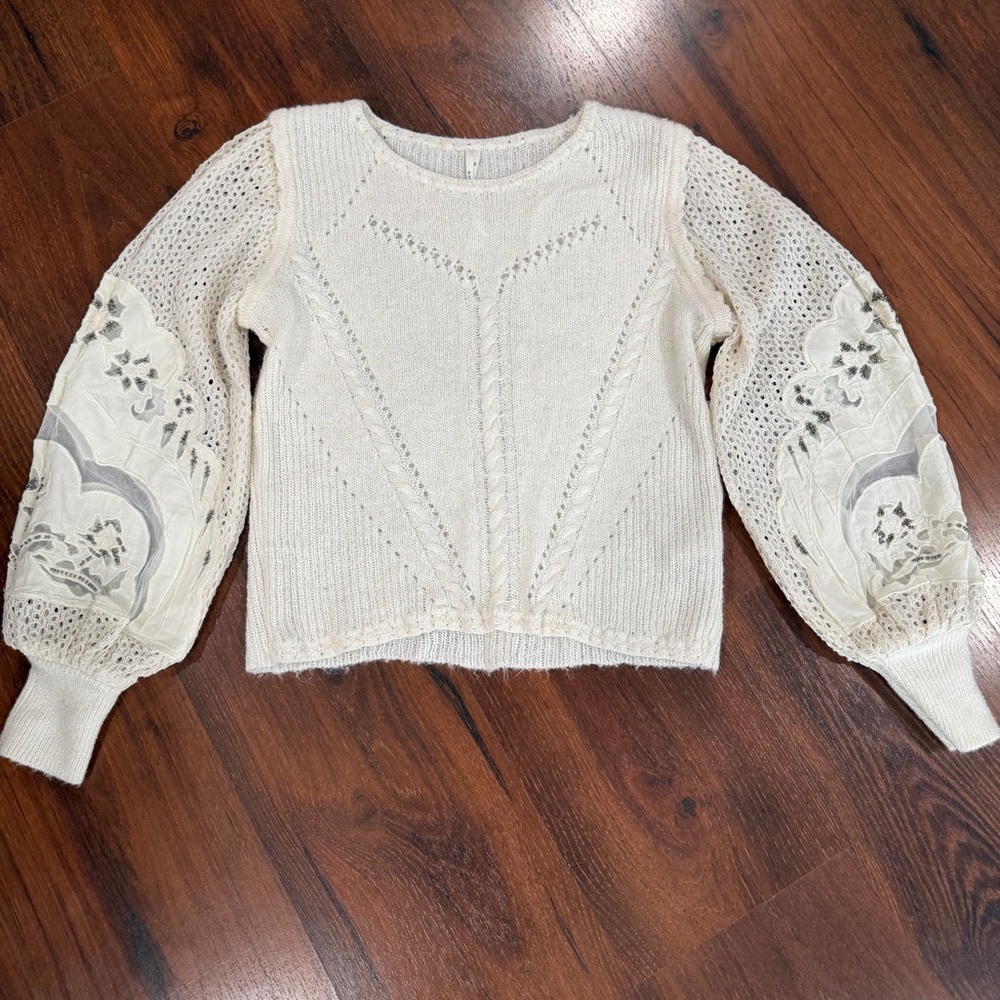 Anthropologie women's Eyelet Lace Sweater Ivory XS balloon embroidered sleeves - Picture 5 of 14
